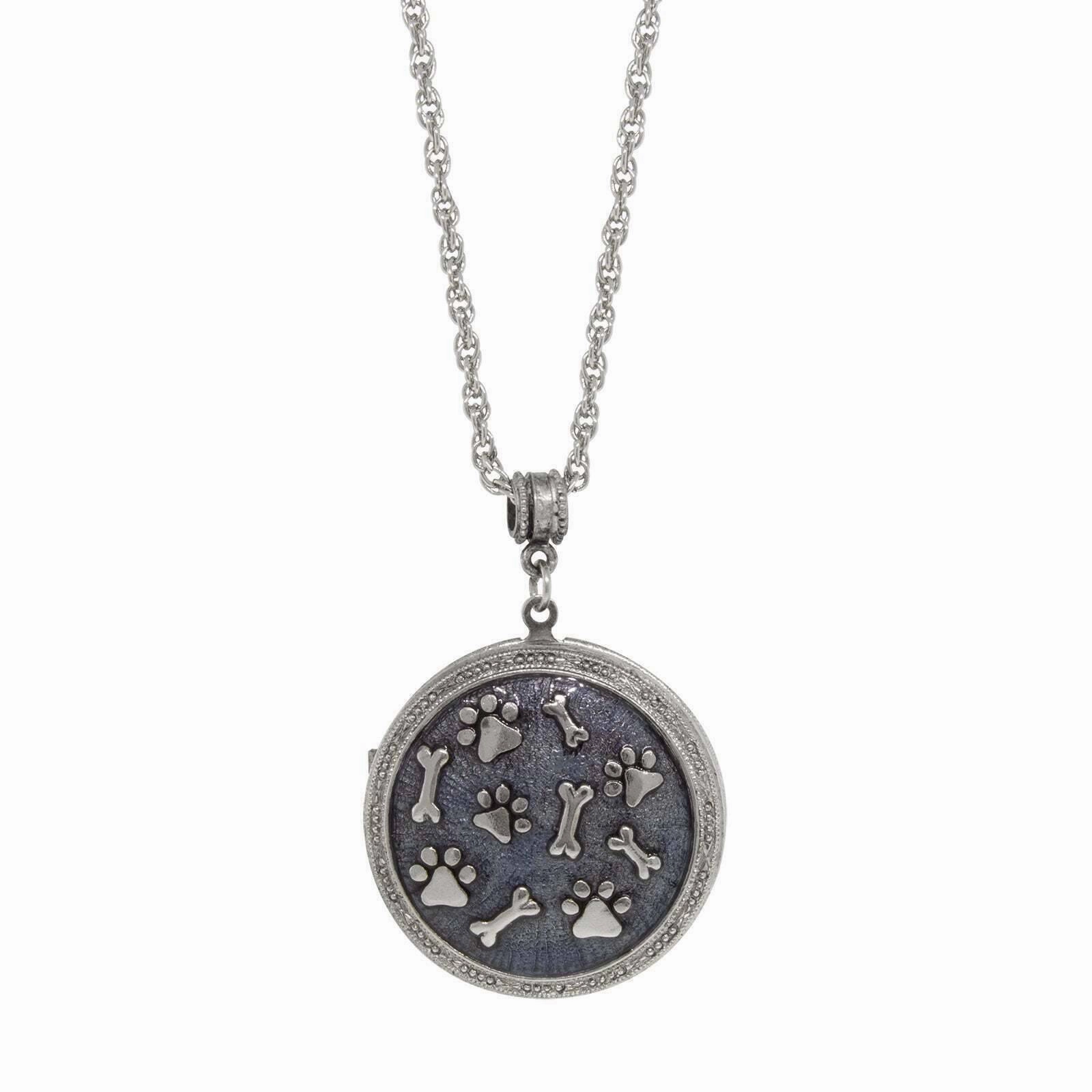 1928 Jewelry Blue Enamel Round Paws And Bones Locket Necklace 28"