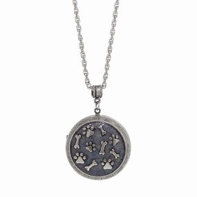 1928 Jewelry Blue Enamel Round Paws And Bones Locket Necklace 28"