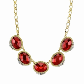 2028 Jewelry Red With Crystal Accent Oval Faceted Station Collar Necklace 16"   3" Extender