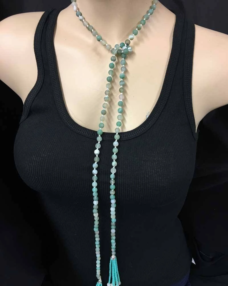 Hand Knotted Amazonite Tassel Lariat Necklace