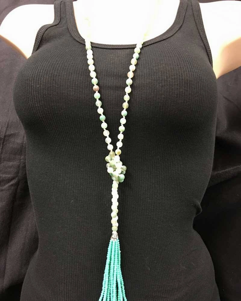 Hand Knotted Amazonite Tassel Lariat Necklace