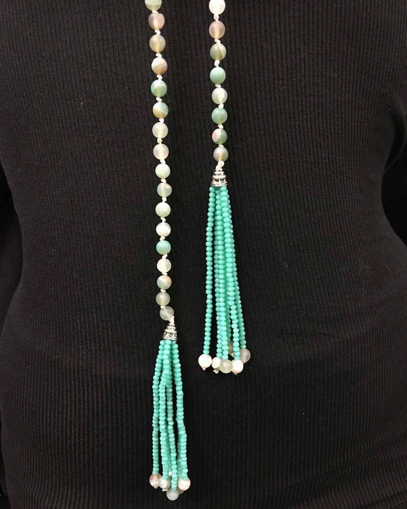 Hand Knotted Amazonite Tassel Lariat Necklace