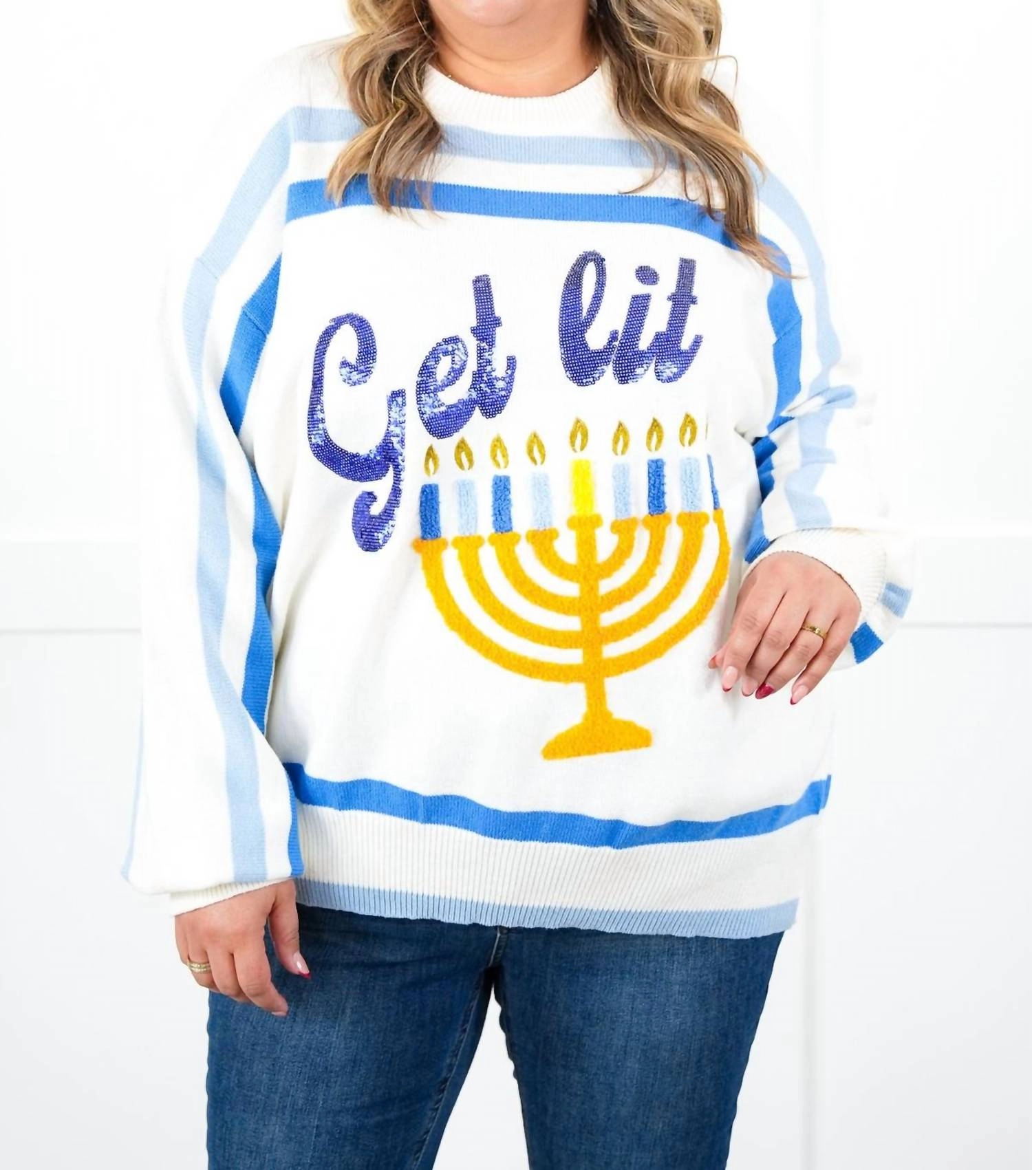 "get Lit" Menorah Stripe Sweater In White