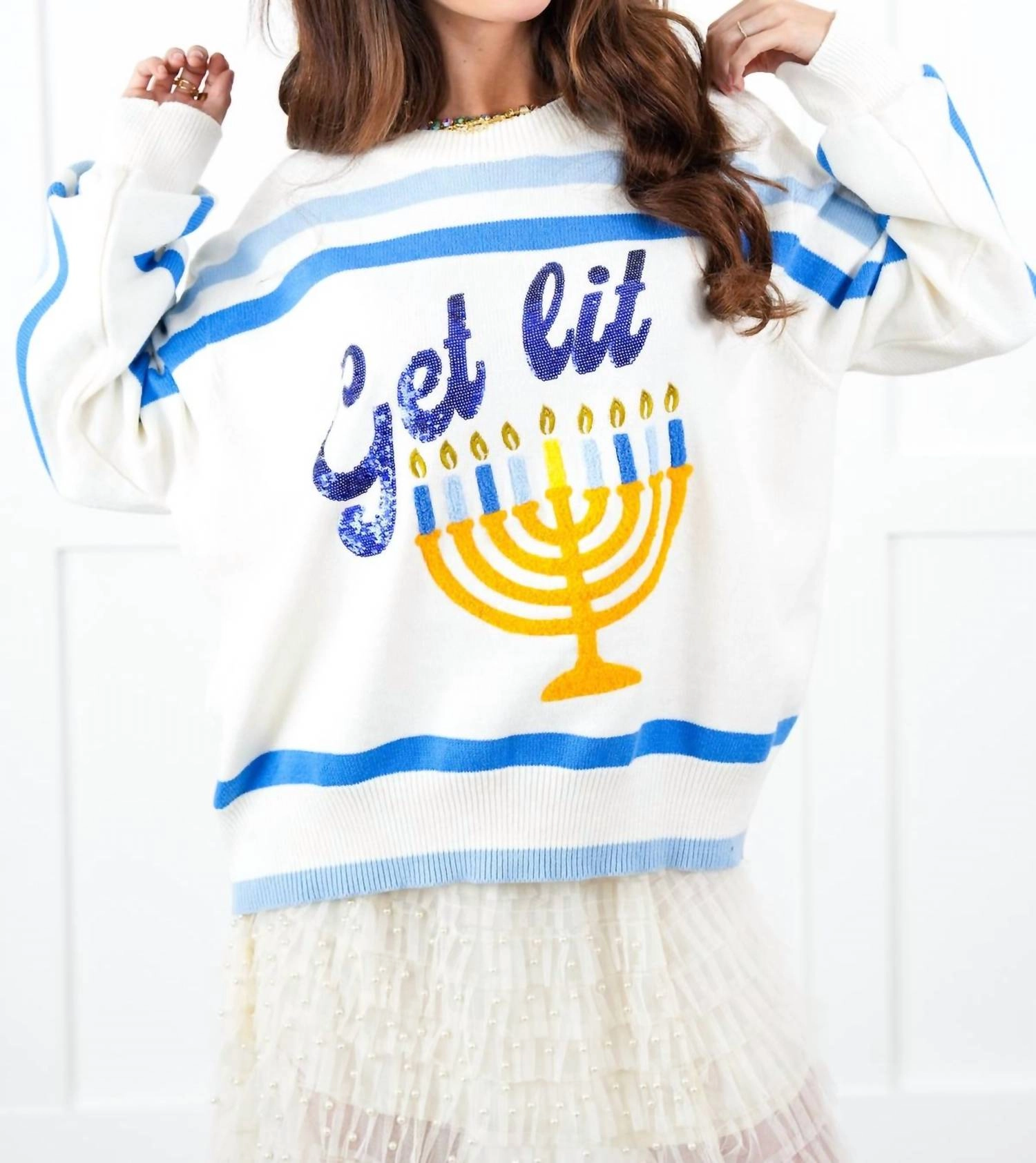 "get Lit" Menorah Stripe Sweater In White