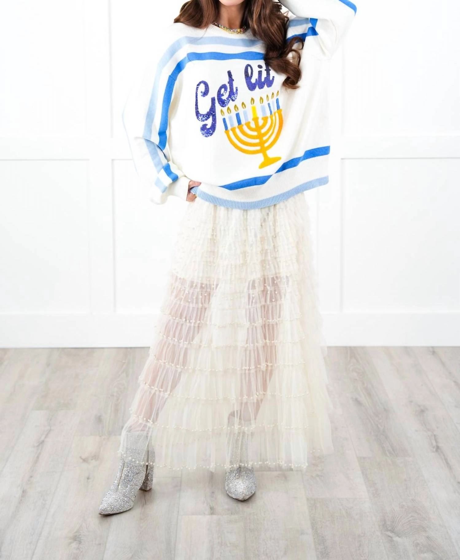 "get Lit" Menorah Stripe Sweater In White