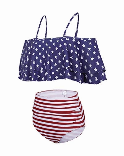 Ruffle Off Shoulder Bikini Set For Women High Waisted Bottoms-National Flag