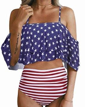 Ruffle Off Shoulder Bikini Set For Women High Waisted Bottoms-National Flag