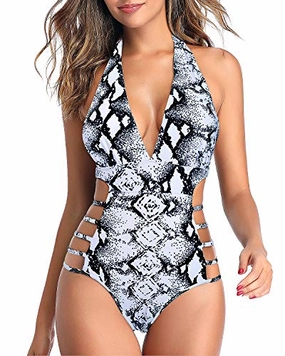 Soft Wide Halter Top Plunge V Neck Halter Bathing Suits-Black And White Snake Print